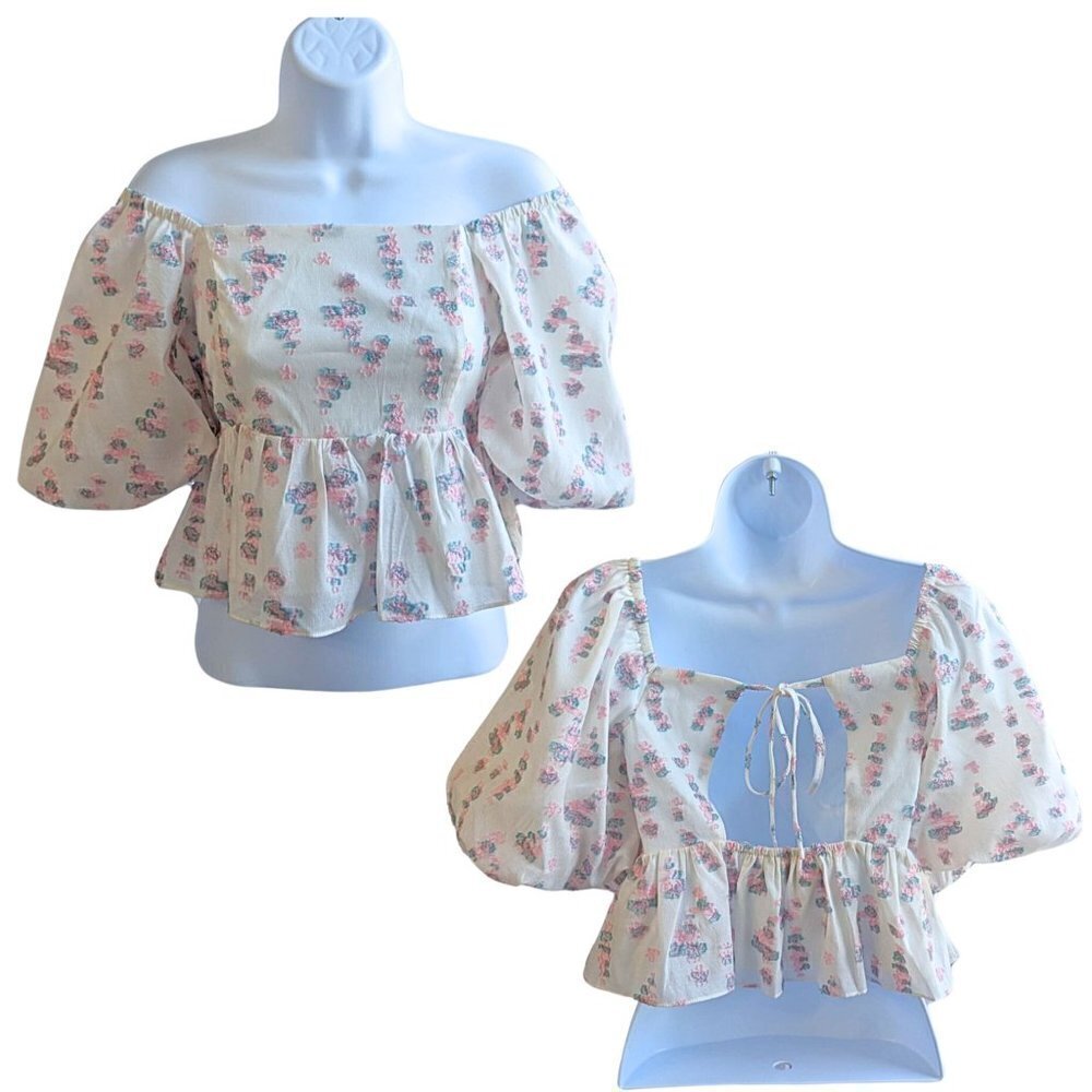 ENDLESS ROSE Embroidered Floral Square Neck Puff Sleeve Crop Top Cottage Size S - Picture 2 of 8